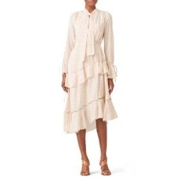 DEREK LAM 10 Crosby Cream Red Tiered Windowpane Asymmetrical Ruffle Dress Size 8 - Picture 2 of 14